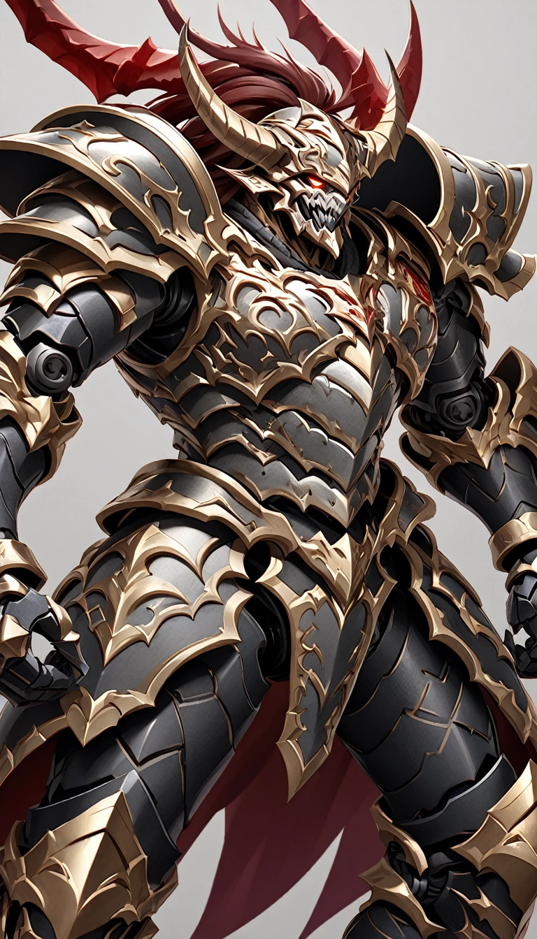 a fearsome fantasy warrior in elaborate armor that combines elements of both traditional and demonic designs. The character's armor is primarily metallic silver and gray, with black, red, and gold accents. The helmet is shaped like a demonic face, featuring sharp horns, a twisted grin, and intricate details that evoke a sense of terror. The left shoulder pad is spiked and reinforced, with metallic plating, while the right shoulder is armored with organic, red, and scaly textures, appearing almost monstrous. The chest armor is segmented with intricate designs, and a detailed emblem is present on the left side of the chest. The warrior's legs are covered in black and silver armor with mechanical joints, adding to the imposing and intimidating look. The character stands in a powerful stance with its arms slightly spread, ready for combat. The background is black to highlight the details of the armor and enhance the dramatic and menacing atmosphere.