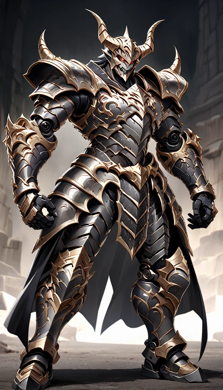 a fearsome fantasy warrior in elaborate armor that combines elements of both traditional and demonic designs. The character's armor is primarily metallic silver and gray, with black, red, and gold accents. The helmet is shaped like a demonic face, featuring sharp horns, a twisted grin, and intricate details that evoke a sense of terror. The left shoulder pad is spiked and reinforced, with metallic plating, while the right shoulder is armored with organic, red, and scaly textures, appearing almost monstrous. The chest armor is segmented with intricate designs, and a detailed emblem is present on the left side of the chest. The warrior's legs are covered in black and silver armor with mechanical joints, adding to the imposing and intimidating look. The character stands in a powerful stance with its arms slightly spread, ready for combat. The background is black to highlight the details of the armor and enhance the dramatic and menacing atmosphere.