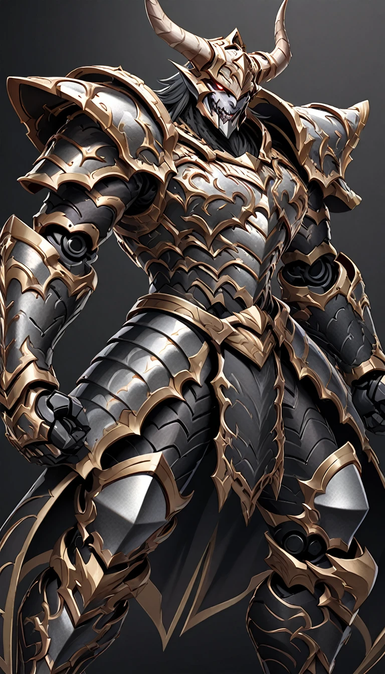 a fearsome fantasy warrior in elaborate armor that combines elements of both traditional and demonic designs. The character's armor is primarily metallic silver and gray, with black, red, and gold accents. The helmet is shaped like a demonic face, featuring sharp horns, a twisted grin, and intricate details that evoke a sense of terror. The left shoulder pad is spiked and reinforced, with metallic plating, while the right shoulder is armored with organic, red, and scaly textures, appearing almost monstrous. The chest armor is segmented with intricate designs, and a detailed emblem is present on the left side of the chest. The warrior's legs are covered in black and silver armor with mechanical joints, adding to the imposing and intimidating look. The character stands in a powerful stance with its arms slightly spread, ready for combat. The background is black to highlight the details of the armor and enhance the dramatic and menacing atmosphere.