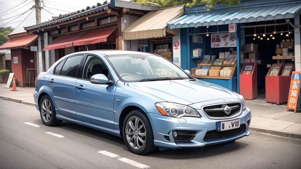 In front of the noodle shop, navy blue car in front.