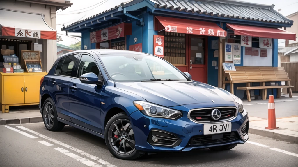 In front of the noodle shop, navy blue car in front.
