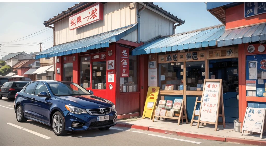 In front of the noodle shop, navy blue car in front.