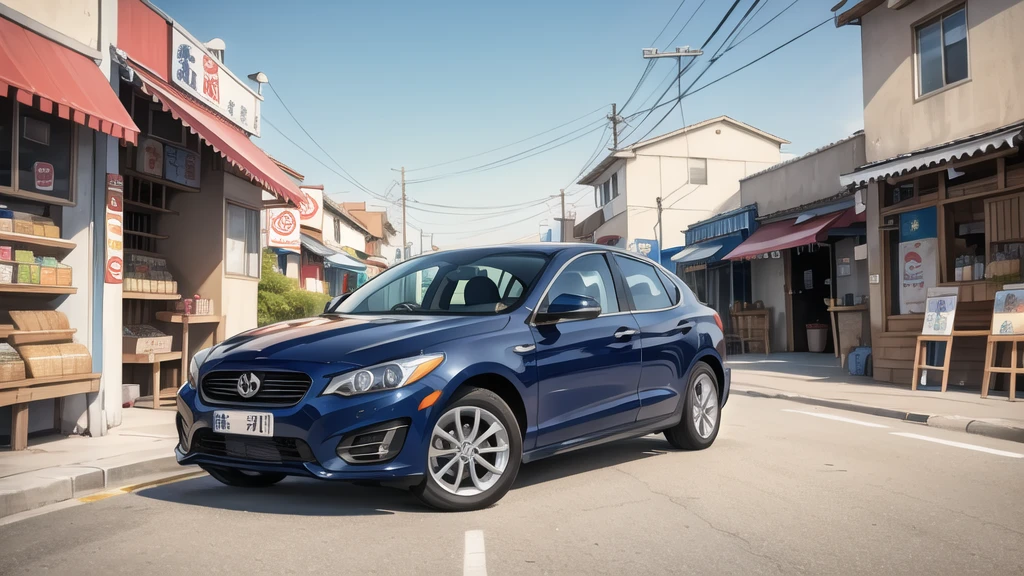 In front of the noodle shop, navy blue car in front.