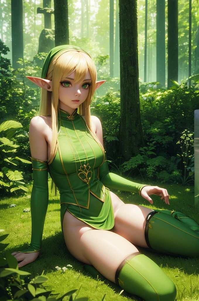 Female elf, 20, slender, elf ears, wears green, nature-themed outfit, thigh-high stockings, long blonde hair, sitting on a tree branch in a magical forest, surrounded by glowing plants and creatures, serene, fantasy atmosphere. 3D render, photorealistic.