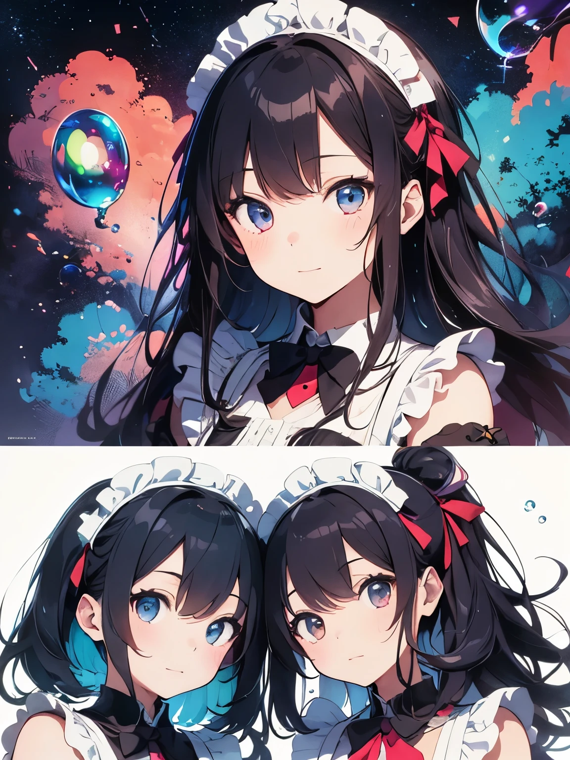 Momoko Sakura Style、8K quality、Intense watercolor, detailedな水彩アート, Watercolor splash, Surreal, Avant-garde pop art, Beautiful and expressive paintings, Beautiful artwork illustration, Very colorful and pop color, wonderful, Cool Beauty, Highest quality、Official Art, Vector art, Stylish design, ((The background is white)),(((The two most beautiful maid girls))), (((Highest quality))), High resolution, ((detailed)), (((Doodle Art)), ((masterpiece)), ((Super detailed)), (((Colorful soap bubbles))),((((Two girls)))))