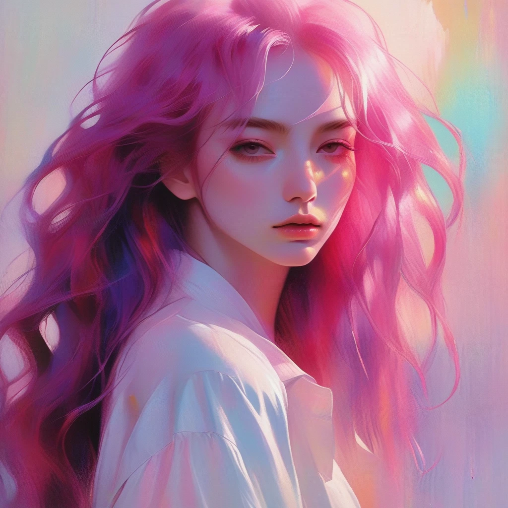 sexy cute pretty young girl,solo, portrait,Amaranth simple background,long wavy hair, Dirty iridescent pink hair, realistic, (masterpiece,best quality,niji style)