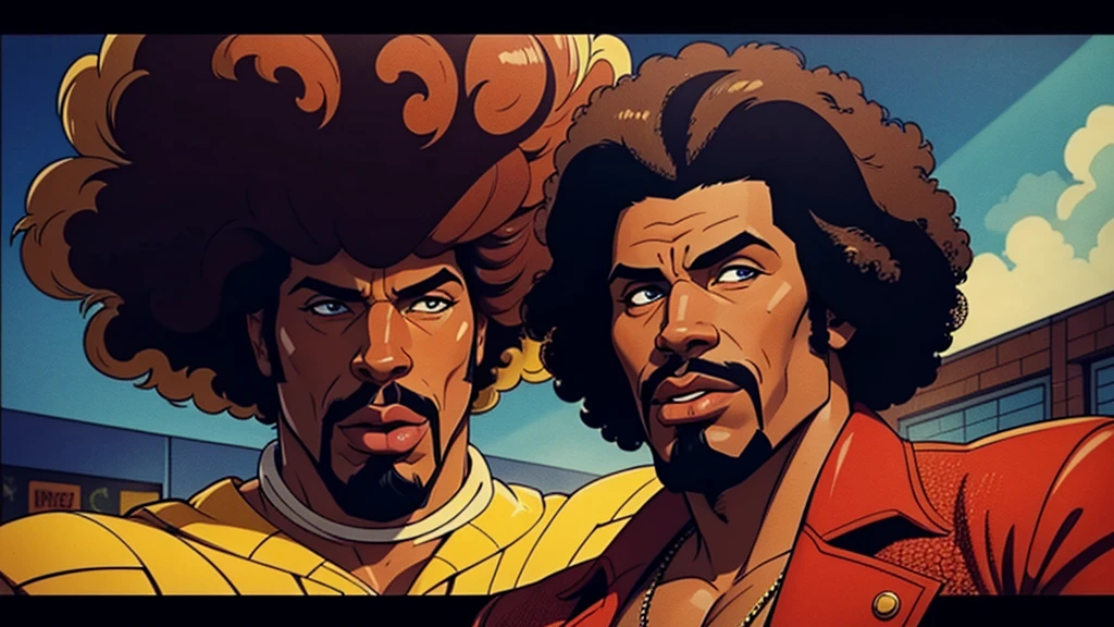 1970's pimp named "Mr Lickity Split", he has a goatee and an afro, he is wearing 1970s attire, cinematic action, masterpiece, super detail, textured skin, atmospheric perspective,