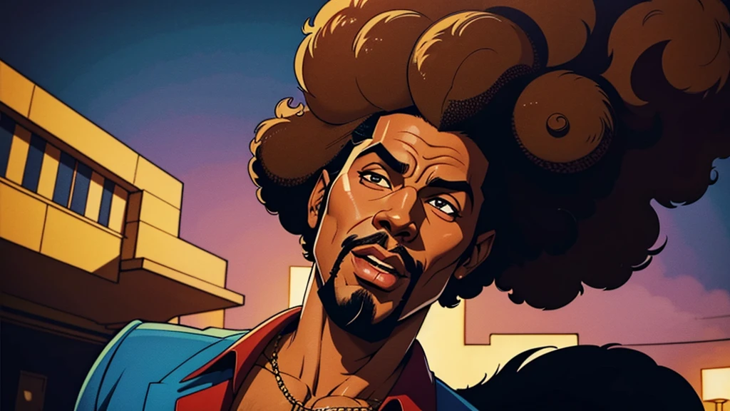 1970's pimp named "Mr Lickity Split", he has a goatee and an afro, he is wearing 1970s attire, cinematic action, masterpiece, super detail, textured skin, atmospheric perspective,
