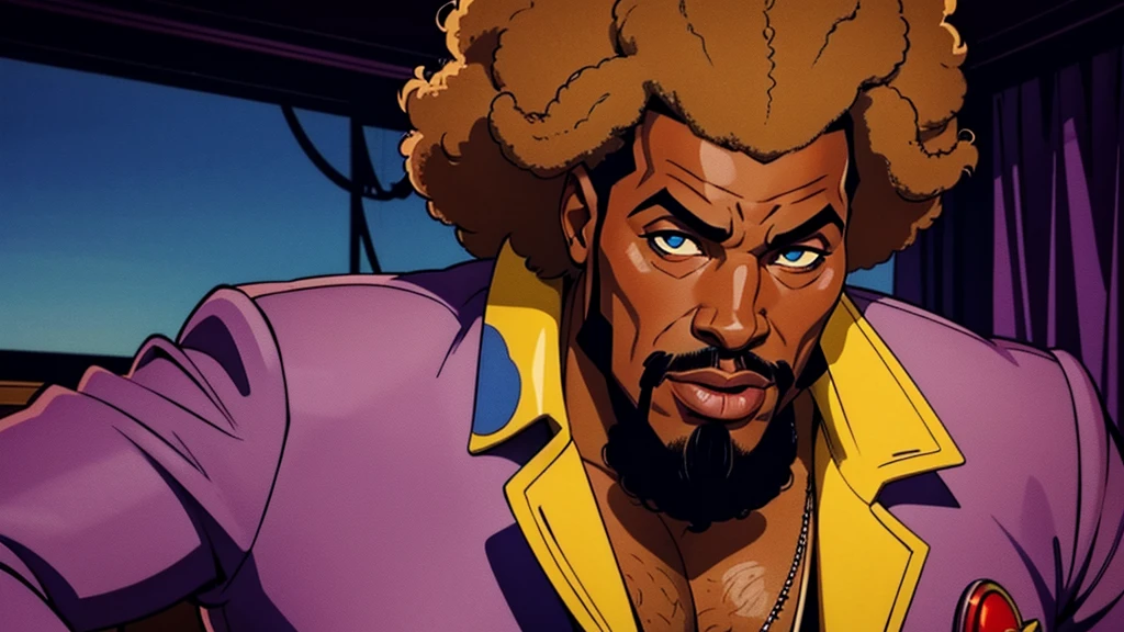 1970's pimp named "Mr Lickity Split", he has a goatee and an afro, he is wearing 1970s attire, cinematic action, masterpiece, super detail, textured skin, atmospheric perspective,