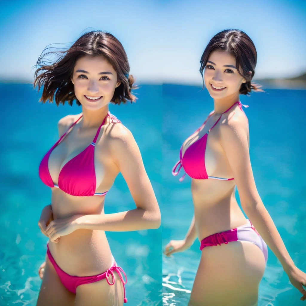 ((Highest quality, 8K, masterpiece: 1.3)), （Only 1 person：1.2）, （whole body：1.3）,Japanese women, Very realistic skin, Delicate eyes, Very well balanced body, ?にSwimwearが食い込んでいる, Big eyes, Long eyelashes, double eyelid, smile, Swimwear, RAW Photos, Ocean Background