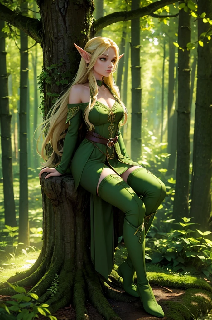 Female elf, 20, slender, elf ears, wears green, nature-themed outfit, thigh-high stockings, long blonde hair, sitting on a tree branch in a magical forest, surrounded by glowing plants and creatures, serene, fantasy atmosphere. 3D render, photorealistic.
