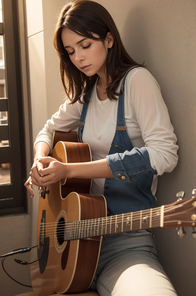 Create a Image with realistic acoustic guitar and elements of maintenance with the writing in it "Perfil em construção"