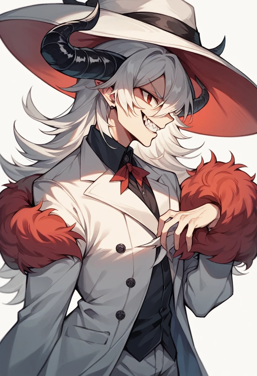 brawny + all white + white suit + big hat + black horns + profile pic + sharped teeth + big mischievous smile + sharped teeth + bonitas + earless + without hair + gostoso + demon