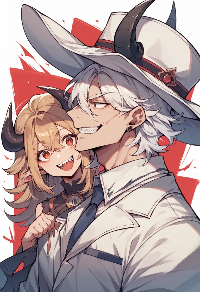 brawny + all white + white suit + big hat + black horns + profile pic + sharped teeth + big mischievous smile + sharped teeth + bonitas + earless + without hair + gostoso + demon 