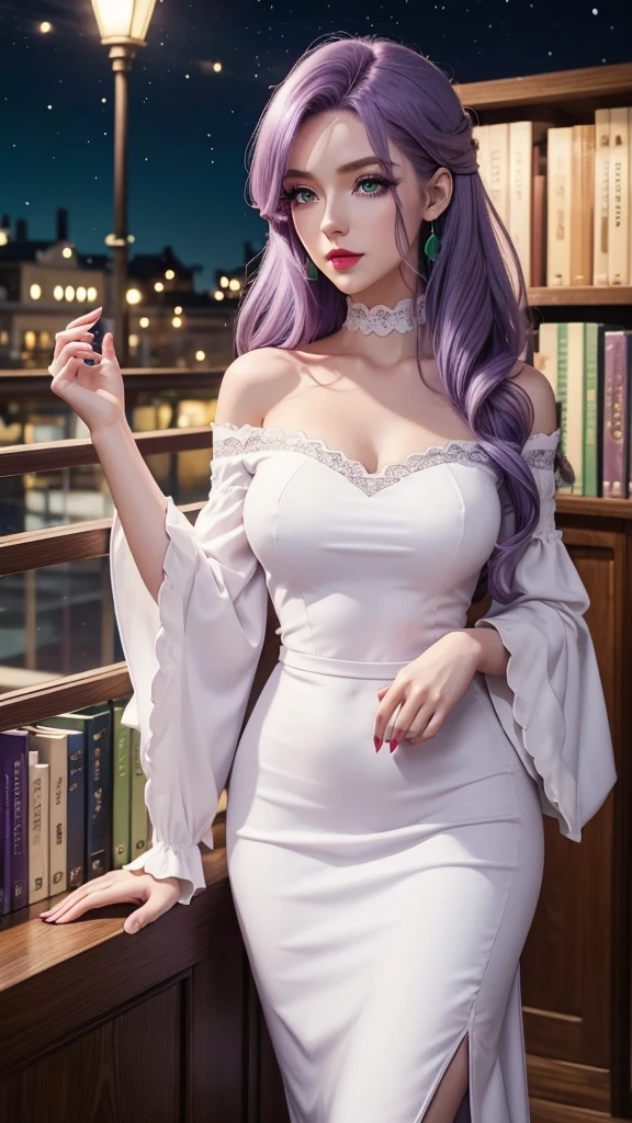 Irish woman, anime, cute, beautiful, high quality, night, 8k, long light purple hair, green eyes, red lips, eyelashes, standing, long beautiful white dress, off the shoulder sleeves, sweetheart neckline, slim skirt, library