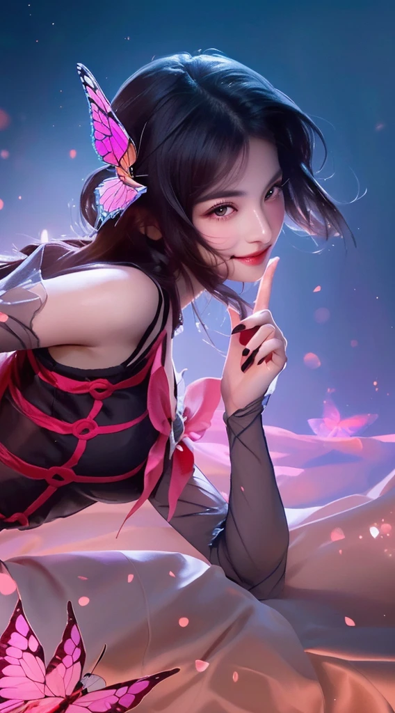 a close up of a girl with a butterfly on her head, butterfly on head, beautiful detailed eyes, beautiful detailed lips, sexy smile,extremely detailed eyes and face, long eyelashes, delicate features, serene expression, soft lighting, warm colors, cinematic, portrait, high quality, 8k, realistic, photorealistic