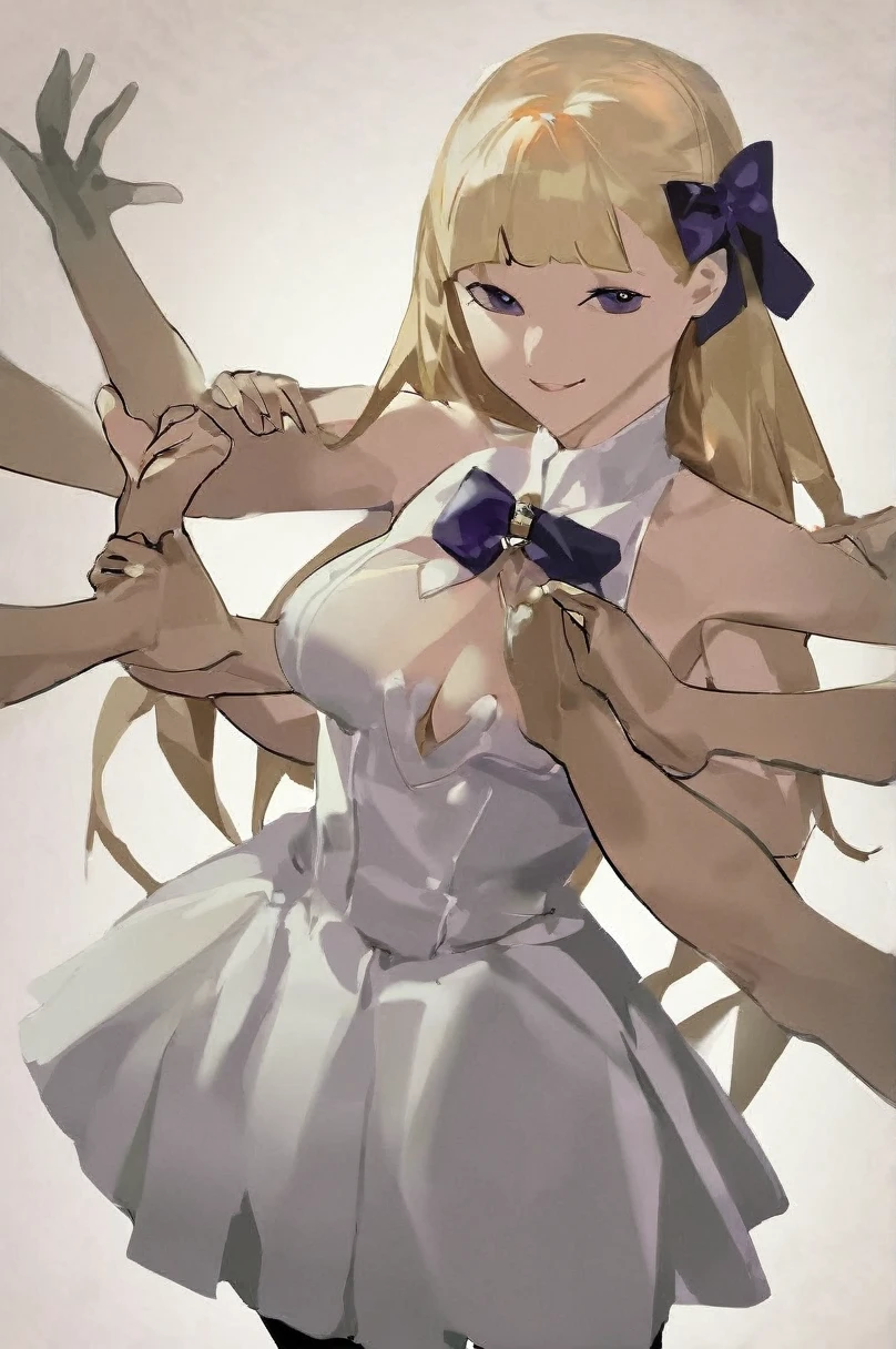 (1girl,20 years old,mature female),blonde hair,long hair,white dress, sleeveless, bow tie, bare shoulders,smile,cleavage,pantyhose,((white background)),extra arms,four arms, cowboy shot, hip cutout, best quality, beautiful color, by bigroll