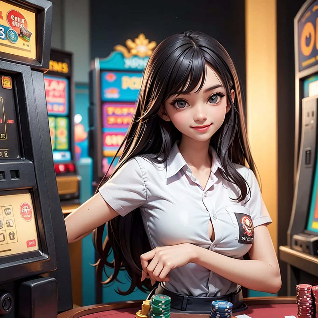 happy and smile, indonesian girl wearing high , teasing you, waiting customer play, work as casino customer service, big slot machines background,