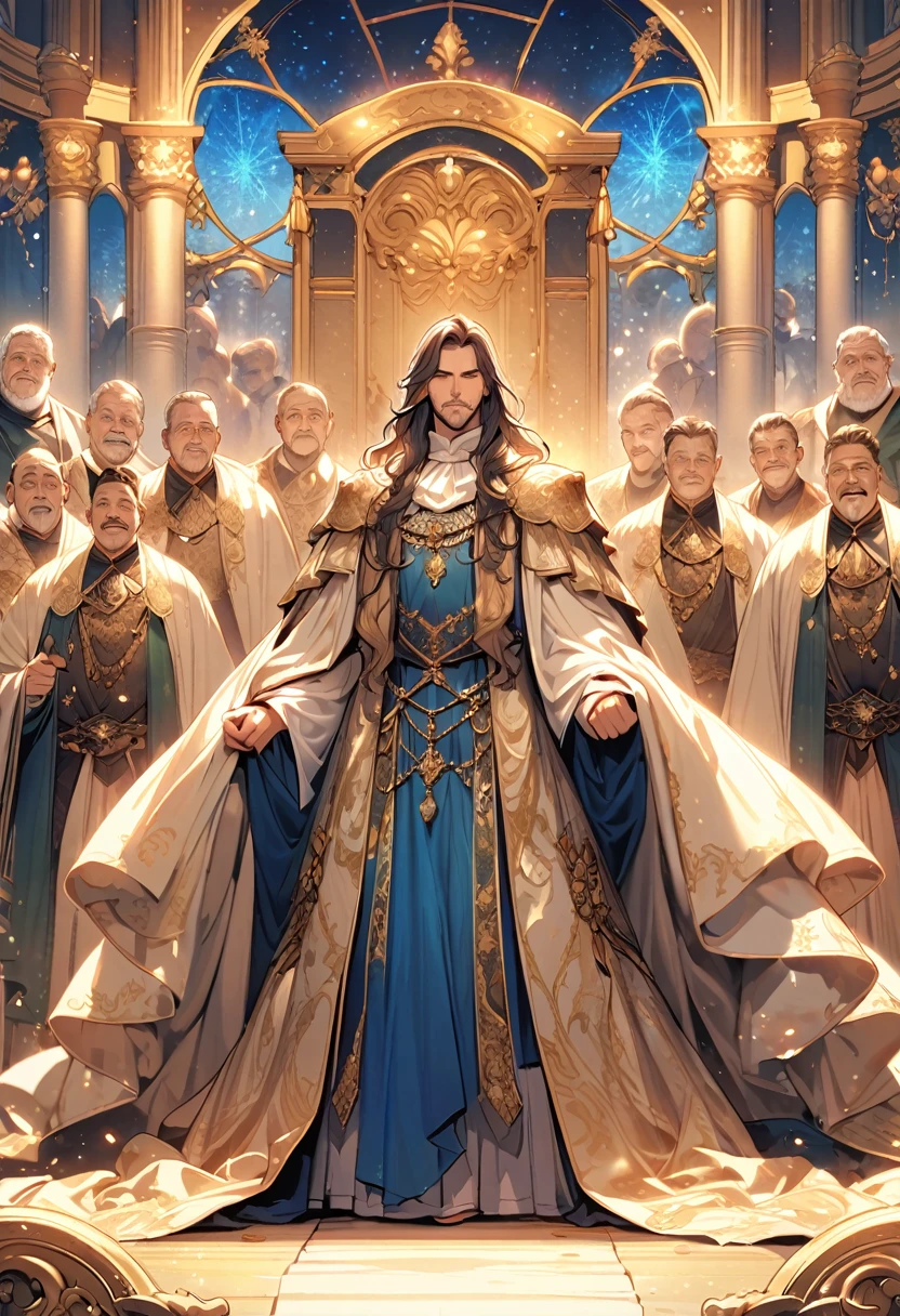 Many uncles, long haired, ornately decorated noble robes. gold and white robe holding ocean magic Background atmosphere of the royal theater