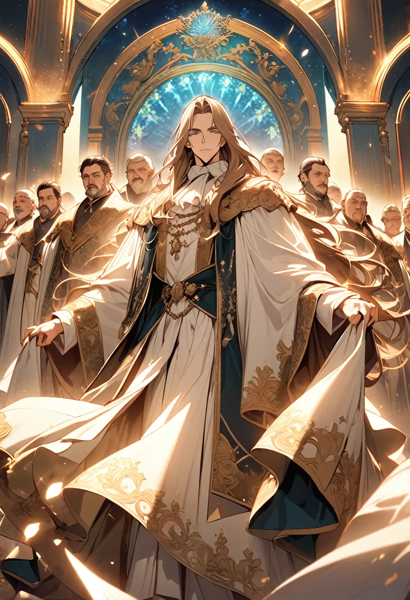 Many uncles, long haired, ornately decorated noble robes. gold and white robe holding ocean magic Background atmosphere of the royal theater
