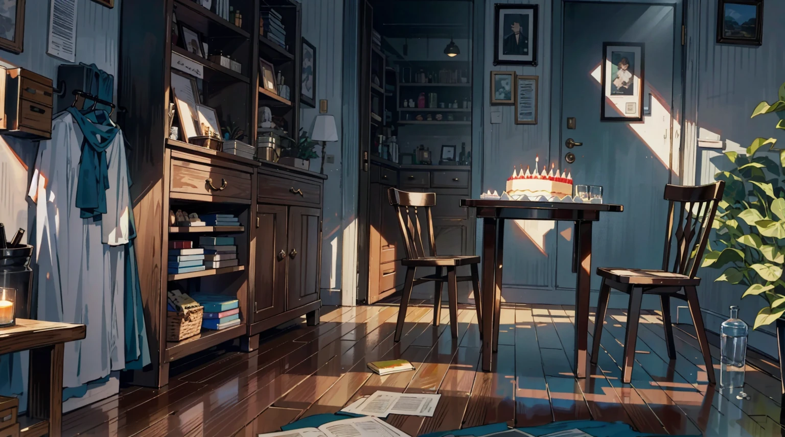 (best quality,masterpiece:1.2,detailed details,4k),A dim old apartment, a small birthday cake on an old wooden table, a modern apartment, an alarm clock on the wall, an anime scene,
A girl with modern gothic makeup, fair skin, modern clothes, black eyeshadow, a tank top, a sexy body, earrings and lip studs, fishnet stockings, posing in an attractive pose, kneeling on the wooden floor, a loving expression
Upward shot