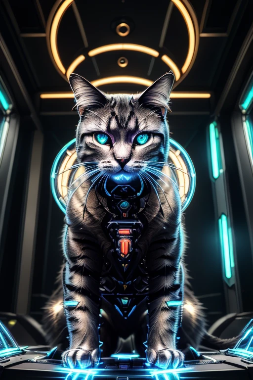 a cyberpunk beautiful blonde, futuristic cyborg cat, mechanical cat, metal cat, robotic feline, intricate machinery, glowing eyes, neon lights, , dark moody atmosphere, dynamic composition, cinematic lighting, vibrant colors, digital art, 8k, high quality, masterpiece, photorealistic