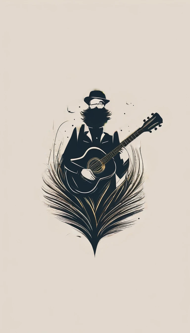 A minimal, modern, simple, cinematic logotype for the brand “Penamemoria". The logotype must be a simple, magical feather and a boy playing acoustic guitar. The logo must convey a sense of music, stories and dreams. Logo design impressed on a book cover. Minimalistic logo