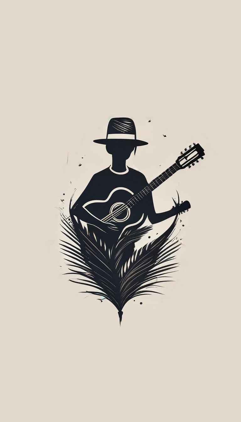 A minimal, modern, simple, cinematic logotype for the brand “Penamemoria". The logotype must be a simple, magical feather and a boy playing acoustic guitar. The logo must convey a sense of music, stories and dreams. Logo design impressed on a book cover. Minimalistic logo
