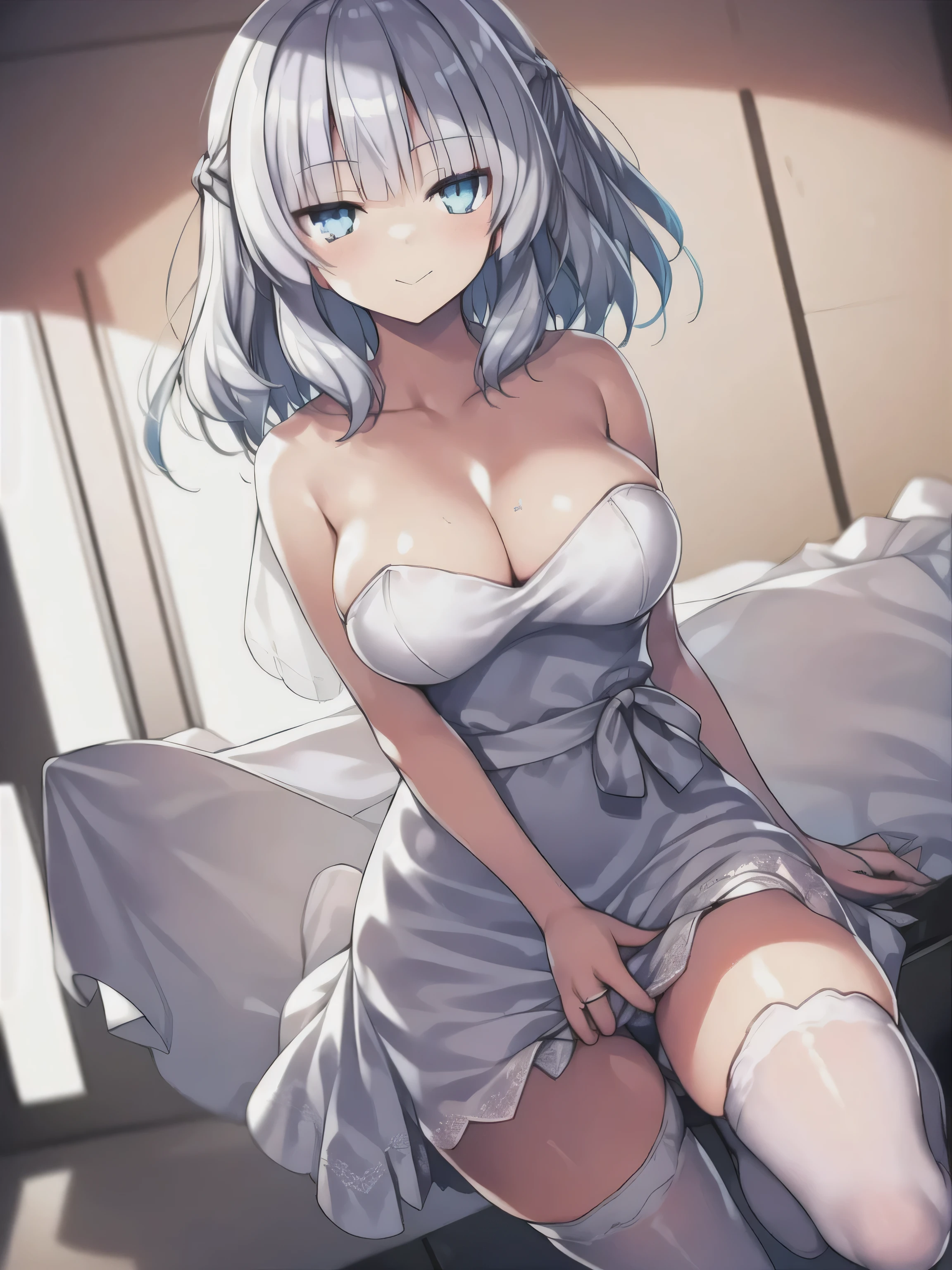 A girl，short hair, bangs, White hair, Hair between the eyes, Purple Eyes:（1.5),  (?????????????:1.2), 
rest clavicle, Wedding dress，Veil，wedding，White dress，Flowers，Broken skirt，White socks，Tights，White knee socks，
looking at viewer, whole body,
indoors, church，Standing，Standing，
rest (masterpiece:1.2), best quality, high resolution, Unity 8k Wallpaper, (illustration:0.8), (Beautiful and delicate eyes:1.6), Extremely detailed face, Perfect lighting, Extremely detailed CG, (Perfect hands, Perfect anatomical structure),