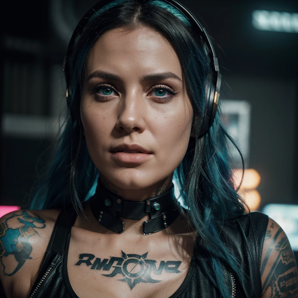 best quality, 8k,highest resolution,masterpiece:1.2,ultra-detailed,realistic:1.37,physically-based rendering,professional,vivid colors,studio lighting,sharp focus,bokeh,portraits,photography,concept artists,blue tone lighting,long smooth hair,electroluminescent lines,cyberpunk neon signs,reflective surfaces,glowing eyes, cinematic film still closeup,fantasy,beautiful neon green and black photograph of a woman with blue hair and makeup, (ohwx woman:1.3) Designer de imagem "Cyberpunk & Realistic". Futuristic depiction of a perfectly tattooed woman with high-tech mechanical prosthetics, long messy pink hair, and headphones. Embrace the cyberpunk aesthetic with neon lights and bright tattoos, maintaining the realistic portrayal of its features. "Camera positioning" Off-center and close-up camera positioning, Capturing dynamic pose to show off cyberpunk tattoos and high-tech prosthetics in detail. "Paleta de cores" Cyberpunk-inspired color palette with neon tones, rosa fluorescente, e verde brilhante, complemented by realistic skin tones and metallic details for representation of advanced technology.