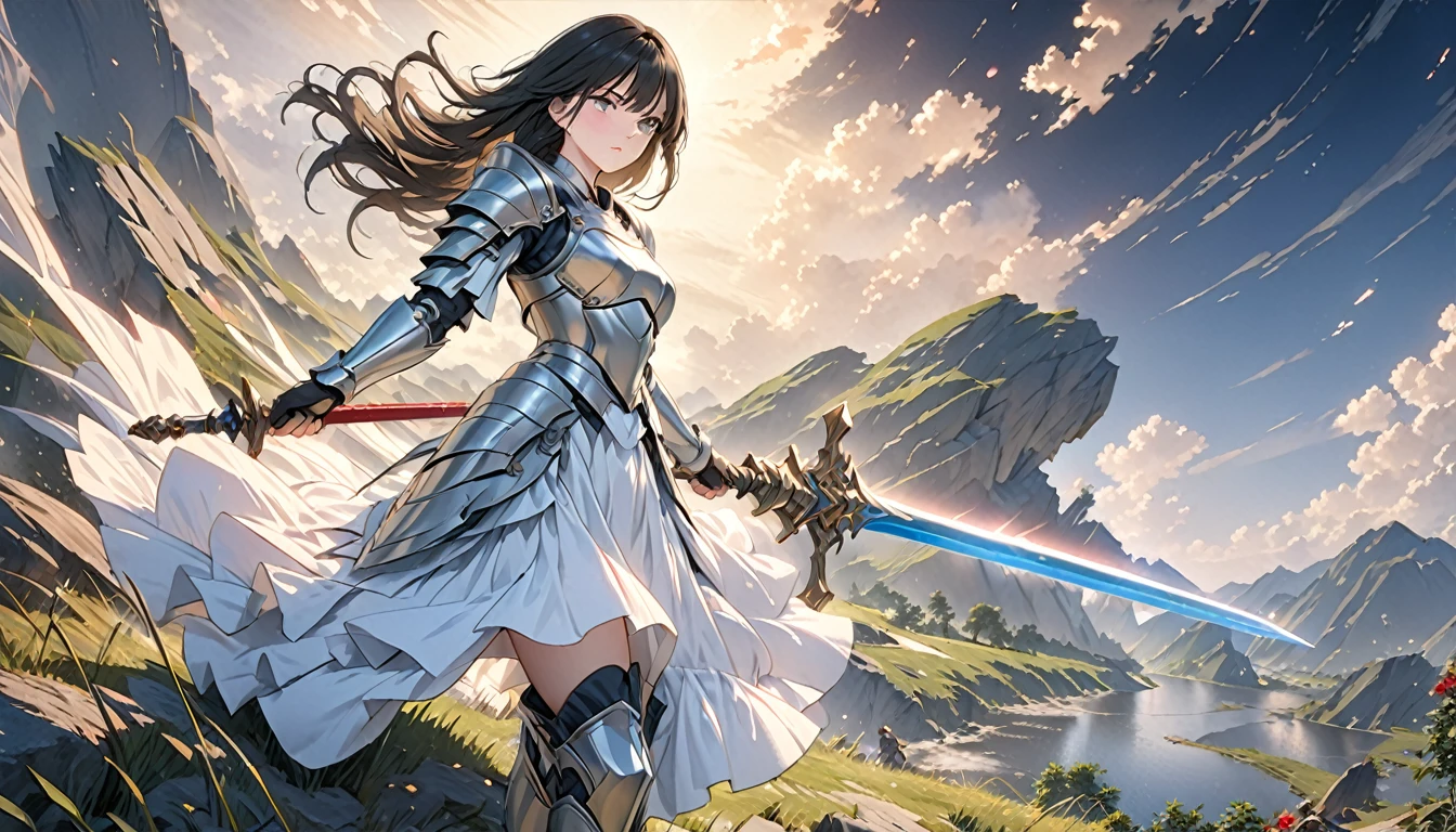 a beautiful woman with semi-long hair,silver armor,wielding a holy sword,on a night battlefield,standing on a small hill,anime style, (best quality,4k,8k,highres,masterpiece:1.2),ultra-detailed,(realistic,photorealistic,photo-realistic:1.37),HDR,UHD,studio lighting,ultra-fine painting,sharp focus,physically-based rendering,extreme detail description,professional,vivid colors,bokeh,dramatic lighting,cinematic composition,epic scale,powerful presence