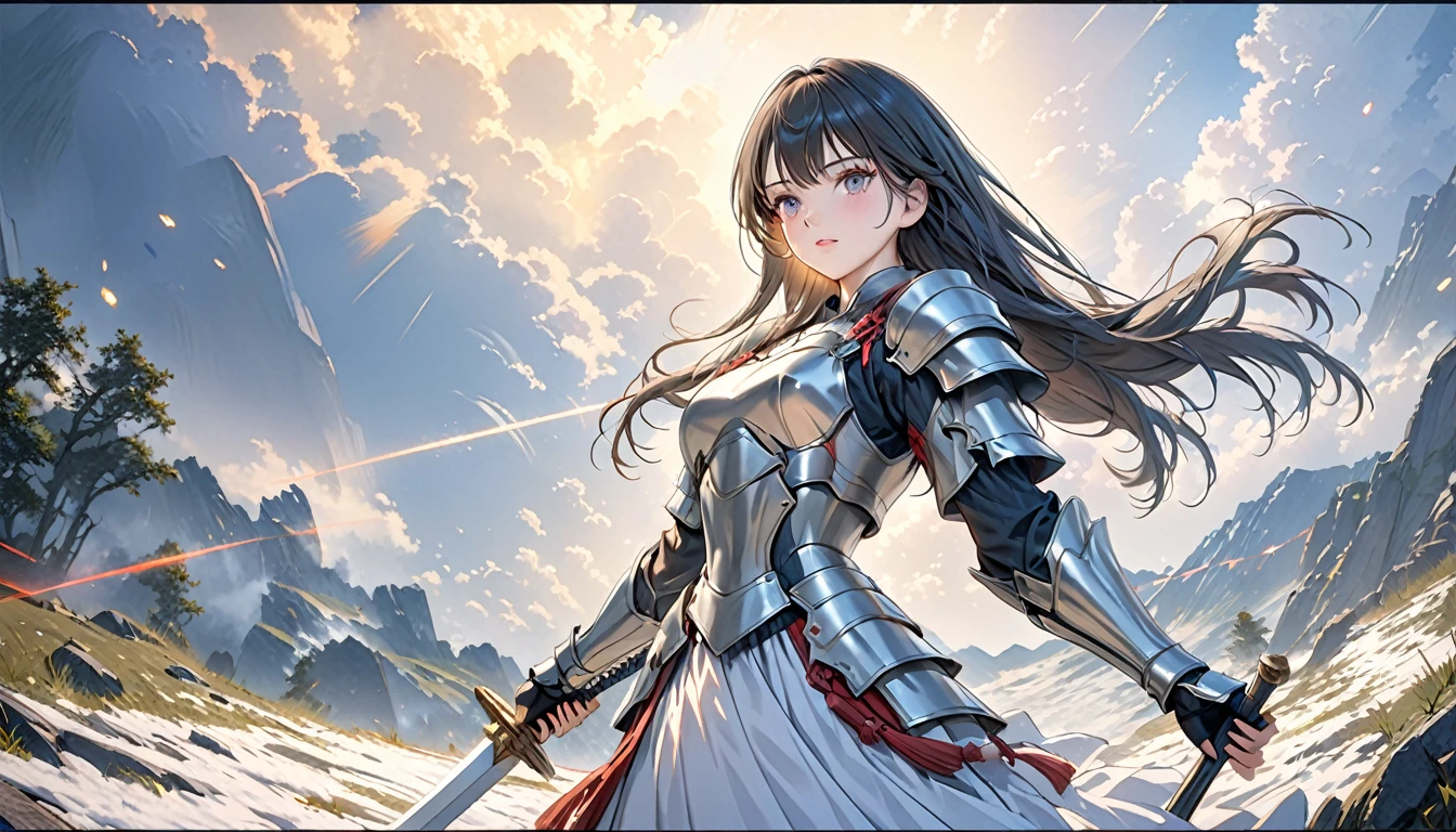 a beautiful woman with semi-long hair,silver armor,wielding a holy sword,on a night battlefield,standing on a small hill,anime style, (best quality,4k,8k,highres,masterpiece:1.2),ultra-detailed,(realistic,photorealistic,photo-realistic:1.37),HDR,UHD,studio lighting,ultra-fine painting,sharp focus,physically-based rendering,extreme detail description,professional,vivid colors,bokeh,dramatic lighting,cinematic composition,epic scale,powerful presence