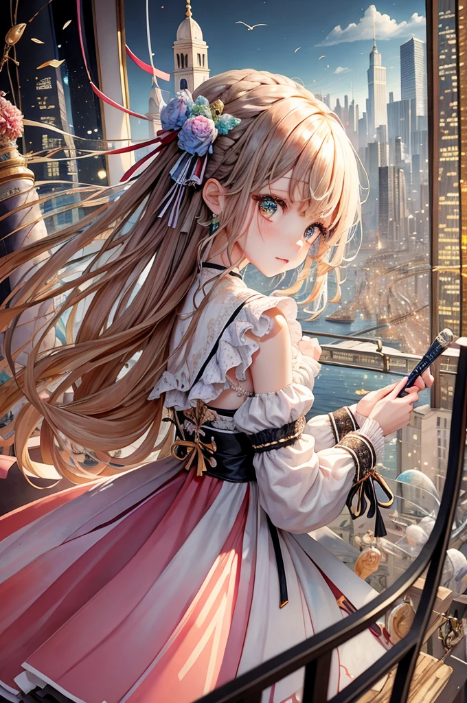 Outrageous resolution、hight resolution、(masterpiece:1.4)、ultra-detailliert、1girl in、Sad face、View of the city from above、spaces、floating、 --v 6