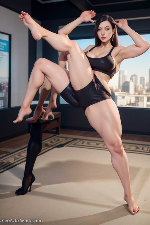 Angela white in yoga attire fully clothed , Thick muscular legs,Conjoined legs, waist to waist no torso, four legs, many legs connected to body,human legs, sexy legs ands feet,full body