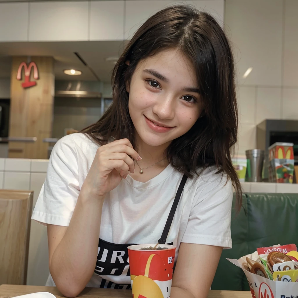 ultra realistic photograph of a not very pretty  girl looking to her left side very subtly, sentada em uma mesa do McDonald's, com leve sorriso no rosto, background with medium blur, e sem palavras na imagem.