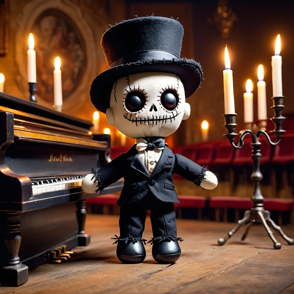 (knitted toy voodoo doll:1.8), (Voodoo Ghost Musician:1.3), (clothes Shabby suit with white shirt, black top hat:1.0), (Antique piano, candles in candelabra:1.1) (in the background Abandoned concert hall with cracked walls and cobwebs:1.3), best quality, masterpiece, detailed soft oil painting, detailed background, dramatic cinematic lighting, soft edge lighting, professional, dramatic lighting, hard edge lighting, ultra quality, 4k, masterpiece, best quality, 8k, ultra high definition, high resolution, extremely detailed