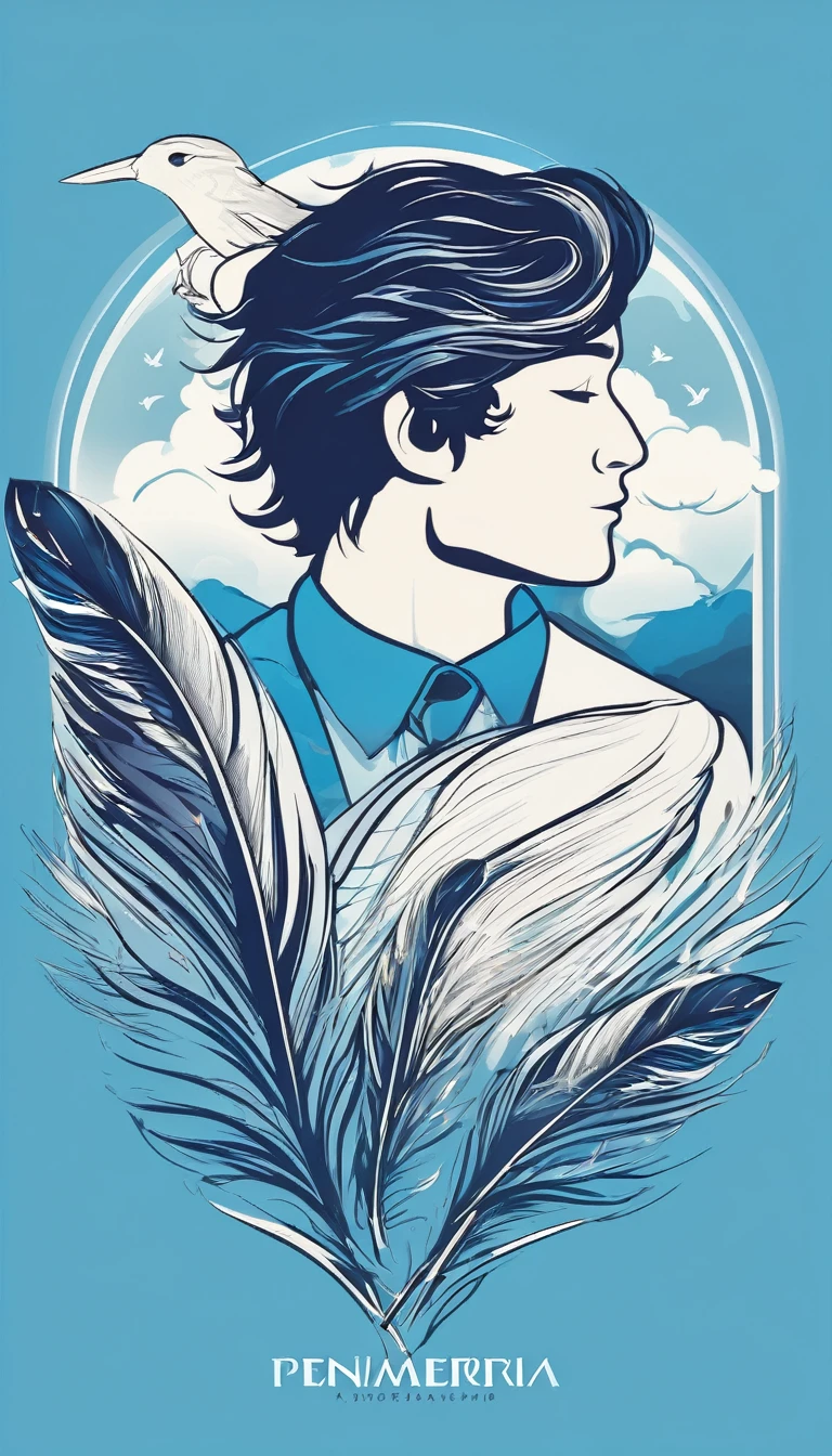 Create a minimalistic, simple, fantastic, easy to understand, logo design of a boy and a feather for an upcoming Brand called " Penamemoria". Create the logo in the center. A fantasy theme with birds and feathers as background, blue sky, white clouds. Use the colours light blue, white, golden in the logo. The logo design must convey a sense of storytelling, memories, dreams and music. Must convey a feeling of being a true Dreamer.
