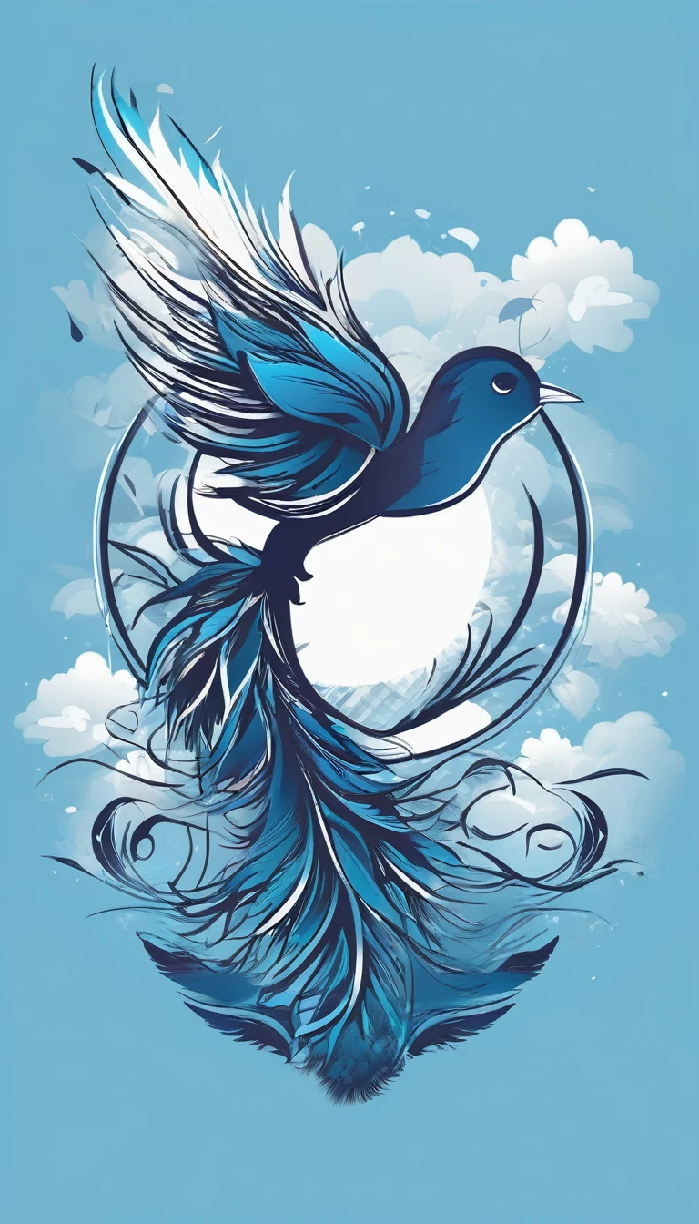 Create a minimalistic, simple, fantastic, easy to understand, logo design of a boy and a feather for an upcoming Brand called " Penamemoria". Create the logo in the center. A fantasy theme with birds and feathers as background, blue sky, white clouds. Use the colours light blue, white, golden in the logo. The logo design must convey a sense of storytelling, memories, dreams and music. Must convey a feeling of being a true Dreamer.