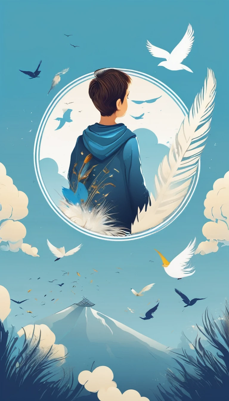 Create a minimalistic, simple, fantastic, easy to understand, logo design of a boy and a feather for an upcoming Brand called " Penamemoria". Create the logo in the center. A fantasy theme with birds and feathers as background, blue sky, white clouds. Use the colours light blue, white, golden in the logo. The logo design must convey a sense of storytelling, memories, dreams and music. Must convey a feeling of being a true Dreamer.