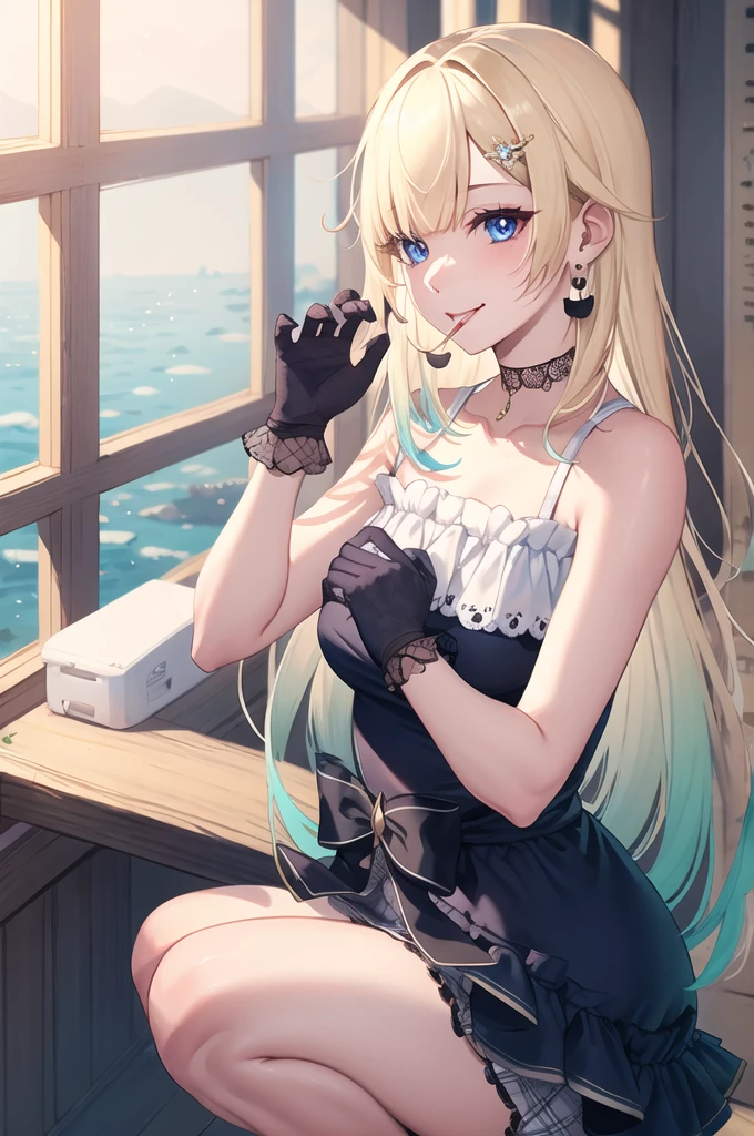 (masterpiece, Highest quality:1.2), alone, One girl, Aizawa Ema, smile, Mouth closed, View your viewers, squat, hair ornaments, dress, gloves, Black Choker, jewelry, Earrings