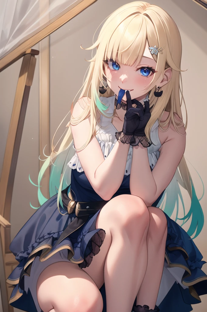 (masterpiece, Highest quality:1.2), alone, One girl, Aizawa Ema, smile, Mouth closed, View your viewers, squat, hair ornaments, dress, gloves, Black Choker, jewelry, Earrings