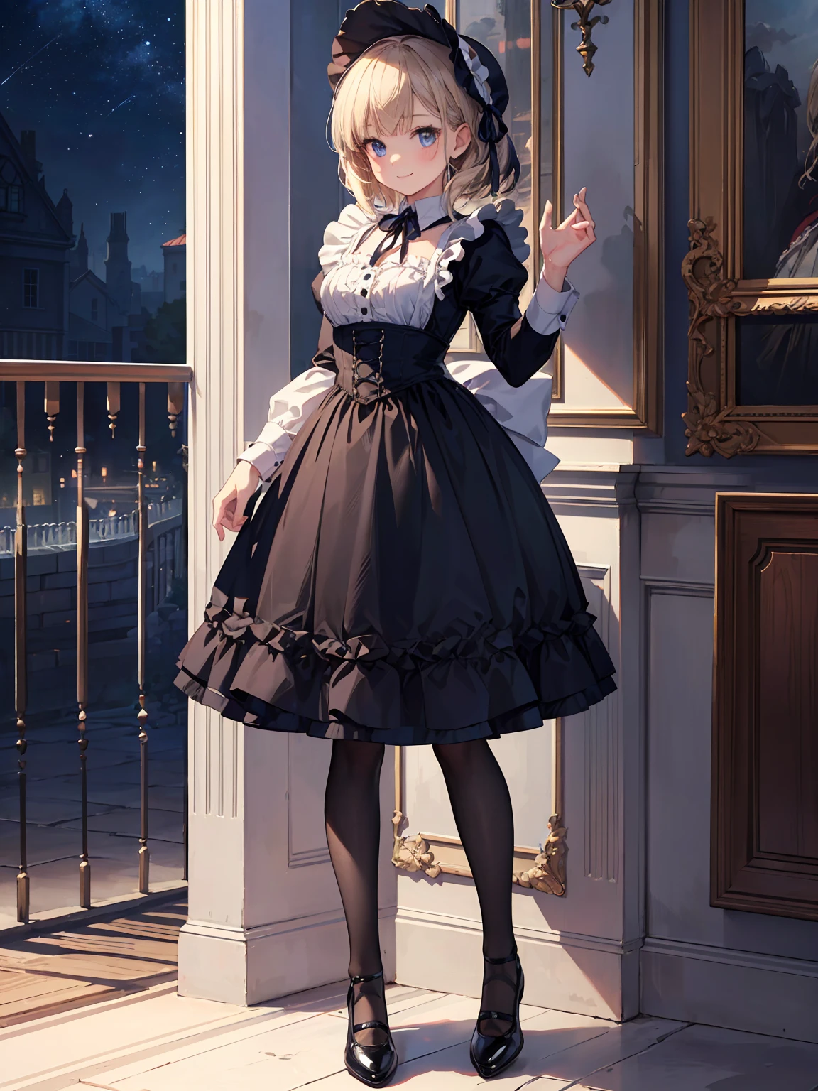 (Highest quality、16K、masterpiece、Ultra-high resolution、Victorian era、Photorealistic:1.2)、A  smiling under the stars, a toddler wearing a maid hat with ruby accessories, she is wearing a white and black gothic maid dress with navy blue ribbon. Black stockings, black shoes, cute, super cute toddler maid tsundere、Heroine&#39;s Attributes、Artistic shading、Perfect Face、Detailed portrait、
