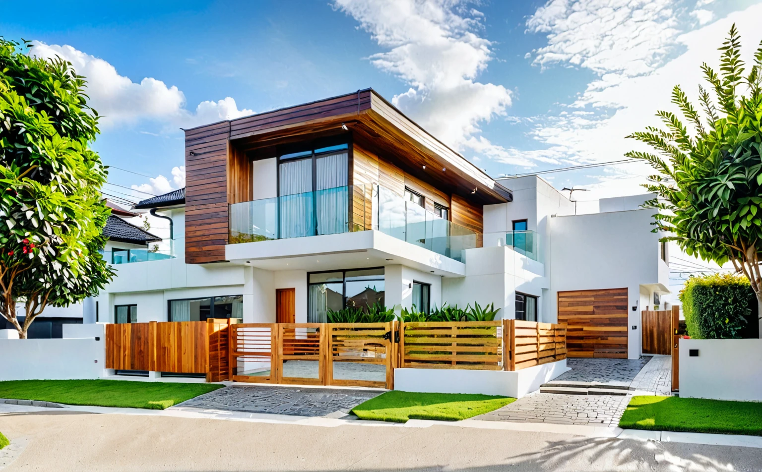Raw photo, Masterpiece, high quality, best quality, authentic, super detail,
outdoors, house style modern on the street, white wall, glass windows, wooden ceiling, balcony, gate, minimalist line
road, pavement, grass, trees, sky, (Early morning day:1.1), vivid color,