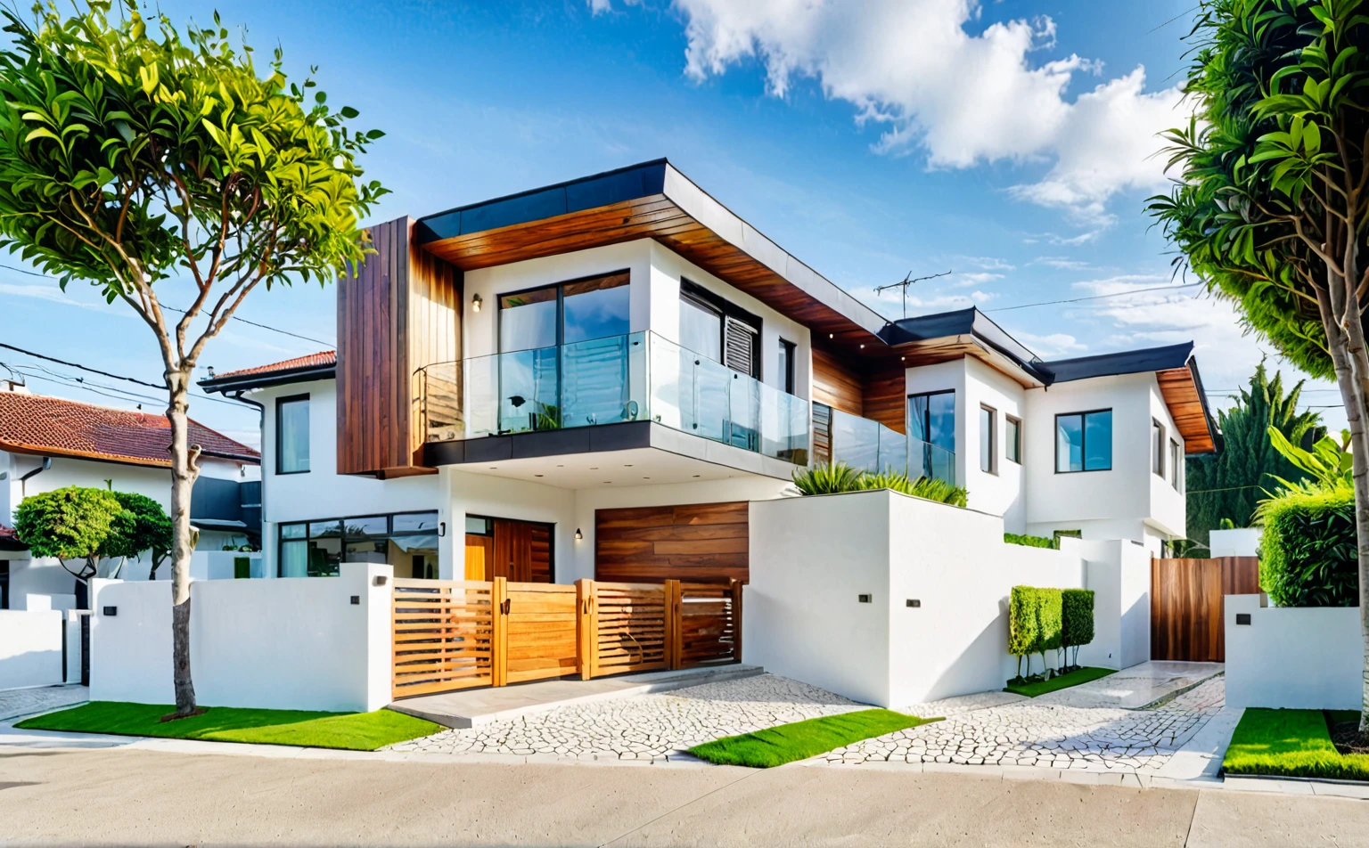 Raw photo, Masterpiece, high quality, best quality, authentic, super detail,
outdoors, house style modern on the street, white wall, glass windows, wooden ceiling, balcony, gate, minimalist line
road, pavement, grass, trees, sky, (Early morning day:1.1), vivid color,