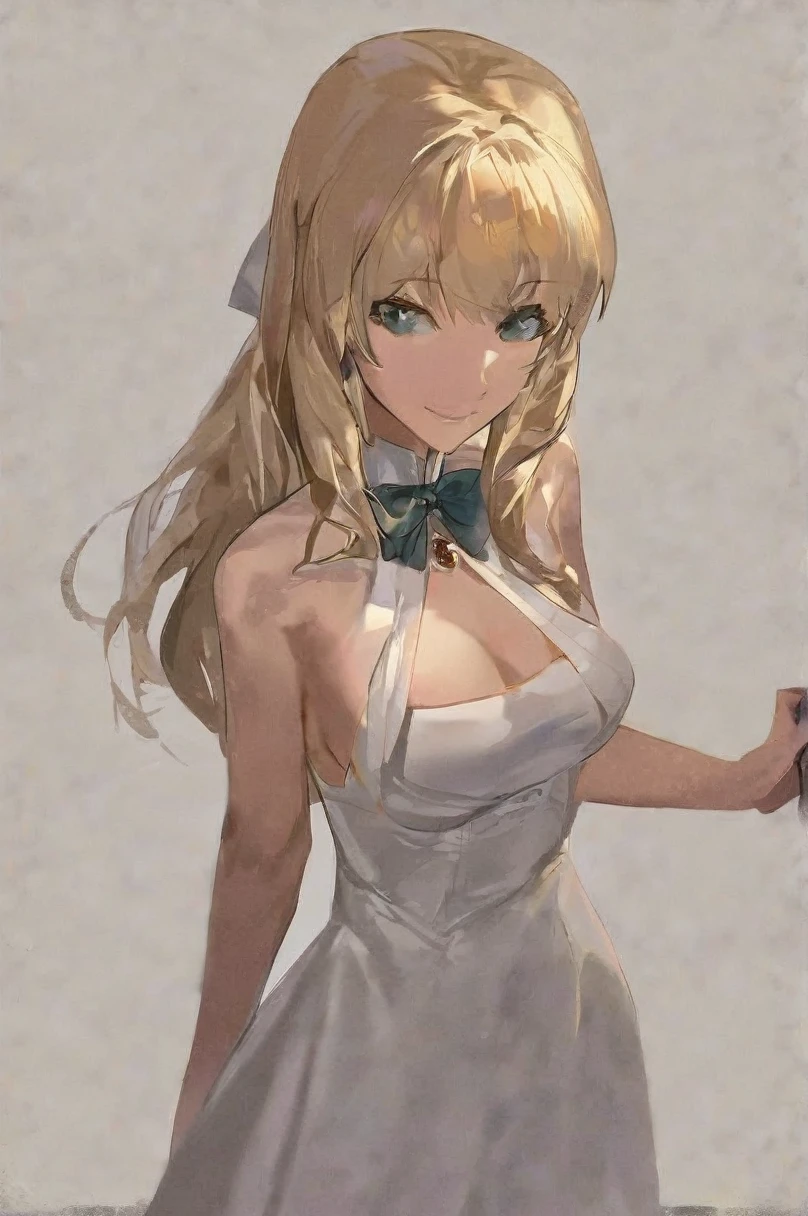(1girl,20 years old,mature female),blonde hair,long hair,white dress, sleeveless, bow tie, bare shoulders,smile,cleavage,pantyhose,((white background)), cowboy shot, hip cutout, best quality, beautiful color, by bigroll