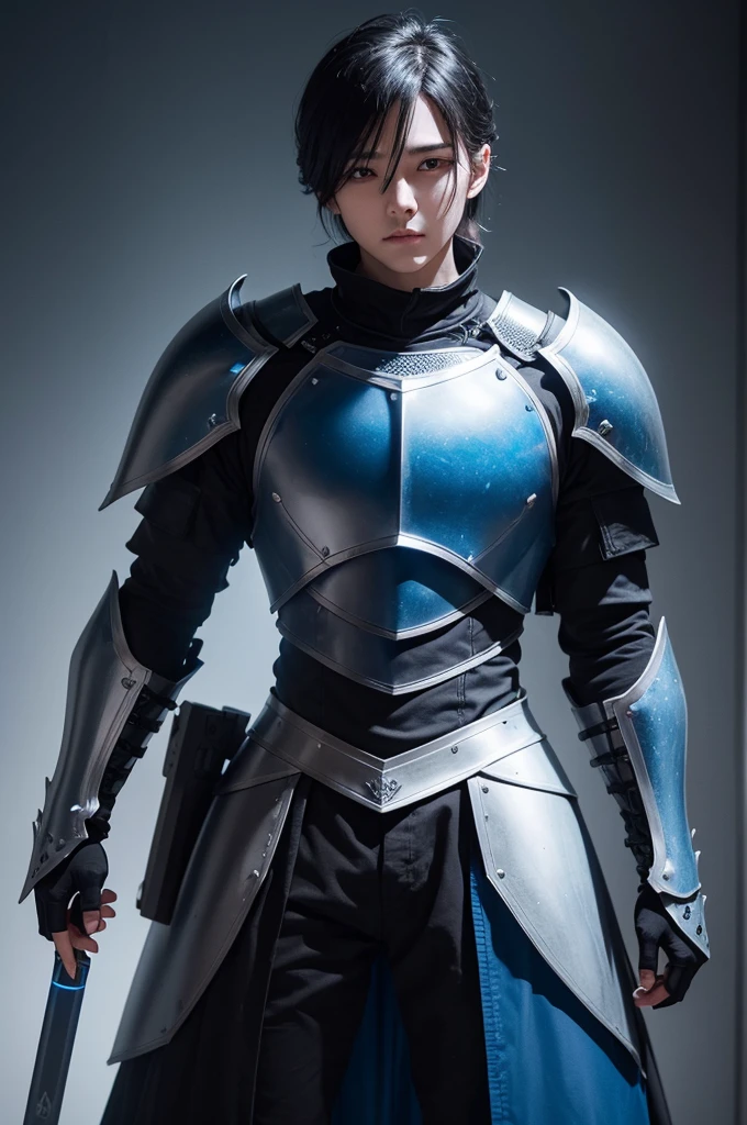 Create a knight in black armor with parts of blue clothing with yellow LED eyes
