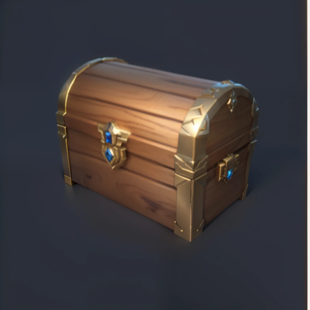 Wood grain treasure chest with bronze metal trim，Loot Boxes, Treasure ，A small amount of gold coins and sapphires，Metallic luster，Game assets, Treasure artifact, 3d icons for mobile games，Diablo concept style，