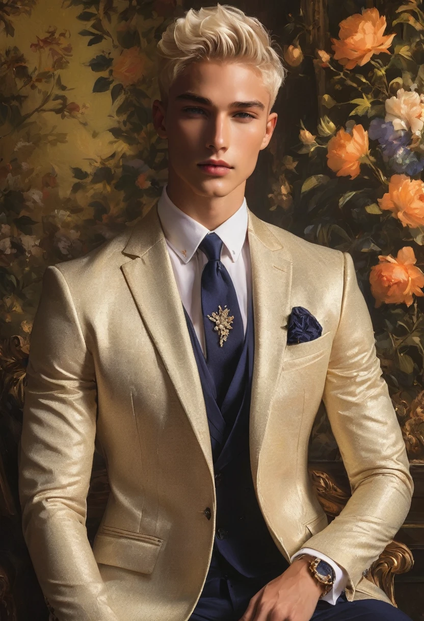 Candid Vogue fashion editorial shot of 2man mixed of male supermodel, 22 year old, short platinum blonde hair, masculine appearance with slender physique, symmetric face, natural olive skin tone, exudes youthfulness and athleticism, he is very photogenic, Position against an ornate dark background featuring a framed floral painting wallpaper to add depth and richness to the scene, (He wears a luxurious white and rainbow patterned suit whit short pants), semi hard bulge, expression is serene and slightly introspective, with a soft confident gaze directed slightly off-camera, Utilize natural soft lighting streaming in from a window, casting gentle highlights and shadows that accentuate the contours of his face and the texture of his outfits, The light creates a warm intimate atmosphere with a golden tone that enhances his skin, The interplay of light and shadow adds depth and dimension to the scene, slightly blurred focus background, bringing into sharp clear detail while the rich tones of the background enhance the overall opulence of the image. Capture full-body short, dynamic angle, using a Canon EOS R7 and Sigma AF 85mm F1.4 EX DG HSM lens by Thomas Synnamon, Employ a shallow depth of field to focus on his face and body, Draw inspiration from high-fashion photographer, emphasize detail, texture and a sophisticated luxurious atmosphere, Emphasize the golden warm lighting and its effect on enhancing his features and the rich textures, creating a visually captivating and elegant portrait that exudes warmth and sophistication, The overall mood blend the classical elegance of the modern, high-fashion aesthetic, producing an image that feels both timeless and contemporary, raw photo, masterpiece, best quality, Correct body structure, Correct photo distance, LGBTQ,