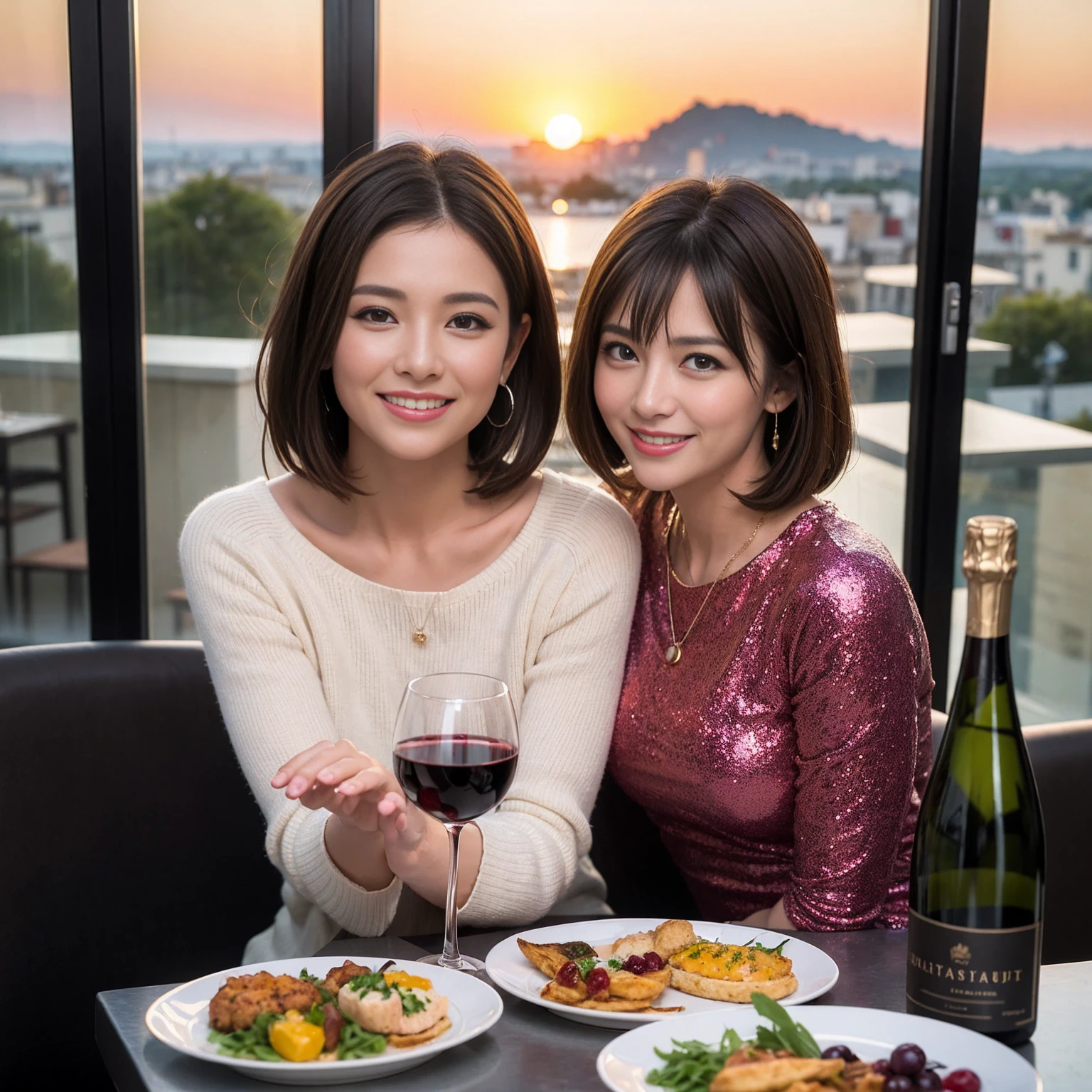 ((Highest quality、8K、masterpiece:1.3))、 (Ultra-realistic、 Genuine、Bright image、Intricate details:1.2), 最高のsmile、1 male 1 female、Beautiful couple、love love love、Lovers in Paris、Good friends、actress couple、smile、Full-course dinner at a packed table、 (Slim face), (the body is slim), (Brown Hair), (short hair), テーブルのwine glass、Please shine a light on my face、 Amazing view of the sunset sky and clouds、43 years old 39 years old, red wine 、Appetizers、Wine bottle、sparkling wine、Long sleeve shirt、dress、White wine, red wine, wine glass, 