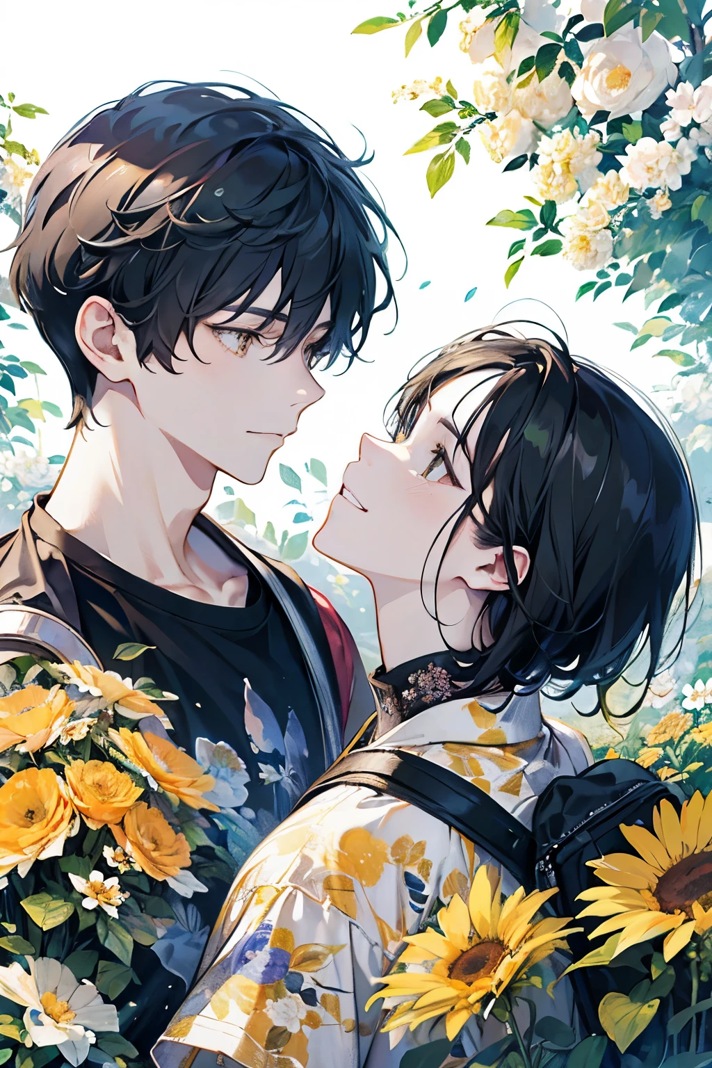 ((young men's:1.1)),(Oversized floral T-shirt:1.35),Prompt: An incredibly charming  carrying a backpack, accompanied by her adorable puppy, enjoying a lovely spring outing surrounded by beautiful yellow flowers and natural scenery. The illustration is in high definition at 4k resolution, with highly-detailed  features and cartoon-style visuals,smile,(Gazing at each other:1.1).